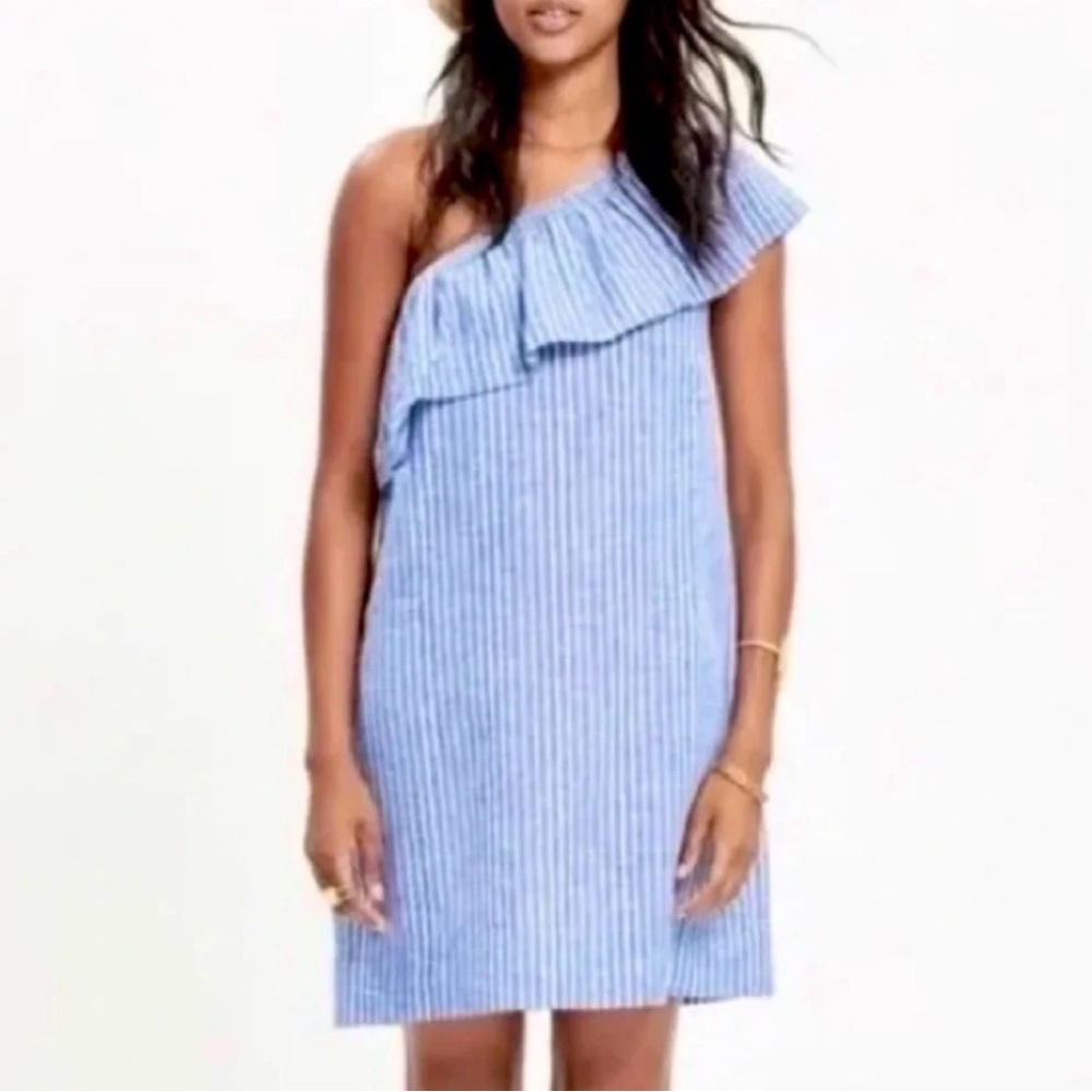 Madewell blue White one shoulder striped mini dress linen cotton blend sz L - Picture 6 of 14